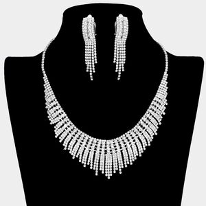 Silver Fringe Rhinestone Crystal Necklace Set Clip Earrings Formal Bling Jewelry